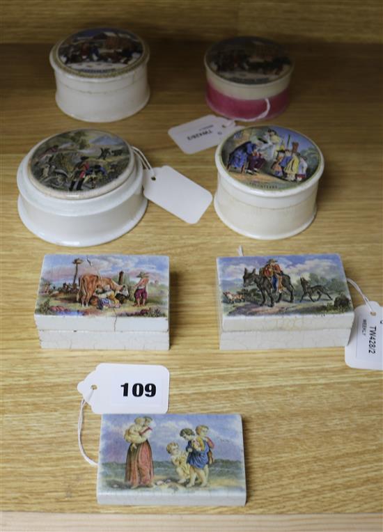 A collection of Prattware small boxes and pot lids,